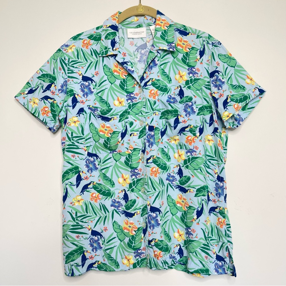 Vintage Liz Claiborne Bird Parrot Toucan Hibiscus Tropical Print Hawaiian Shirt